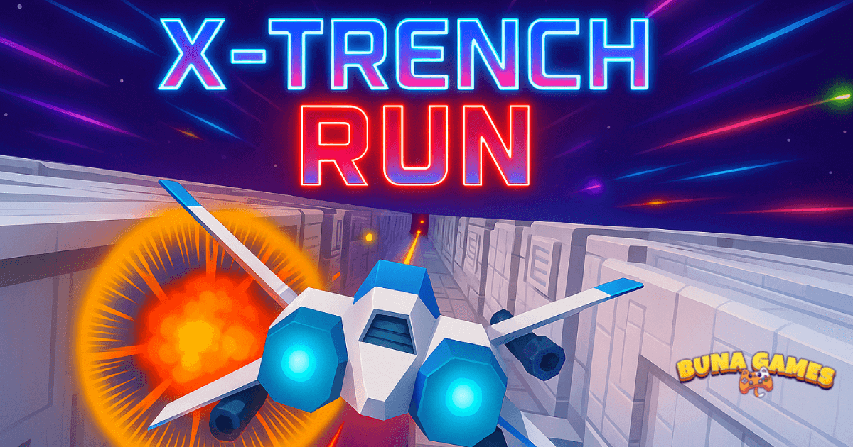 A futuristic starfighter flying through a narrow trench with neon explosions in X-Trench Run game"