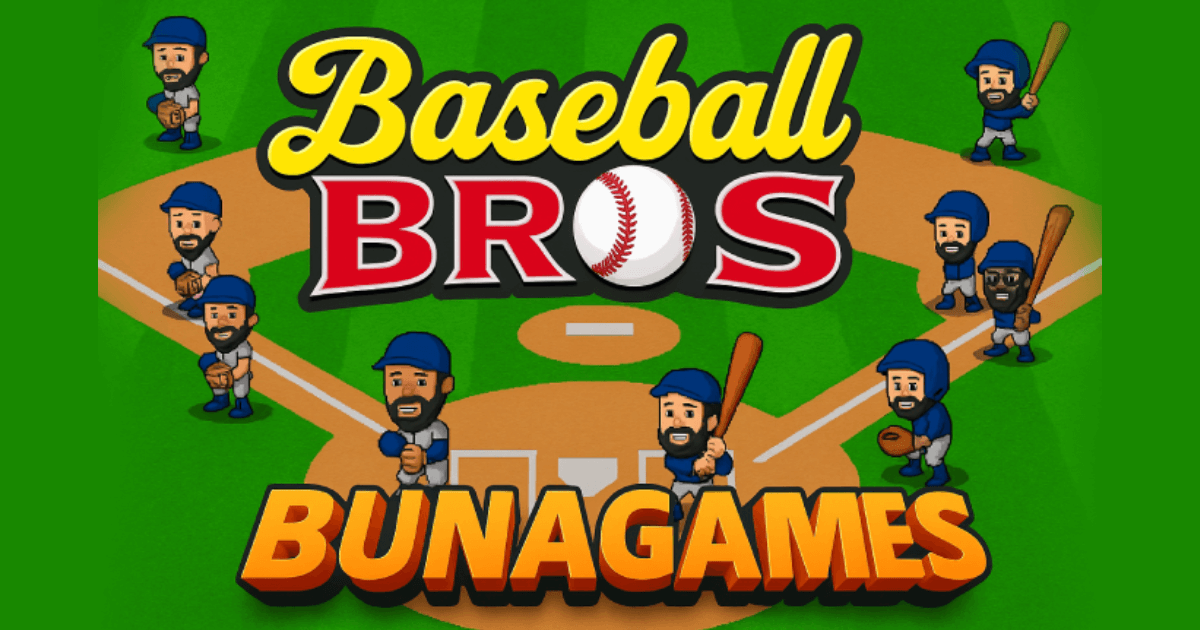 Cartoon character of a baseball player holding a bat with the words 'Baseball Bros' in bold letters. A second character is visible in the background wearing a blue cap and looking toward the batter.