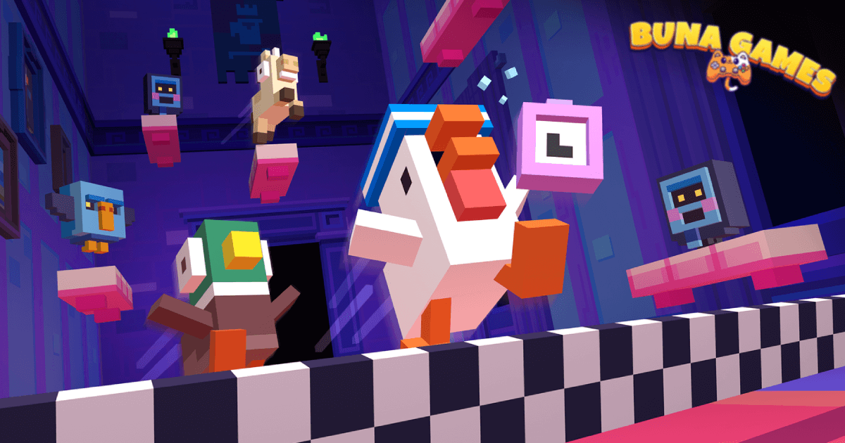 Play Crossy Road online free: A high-score arcade hopper showing a character dodging high-speed traffic and trains in an unblocked browser game.