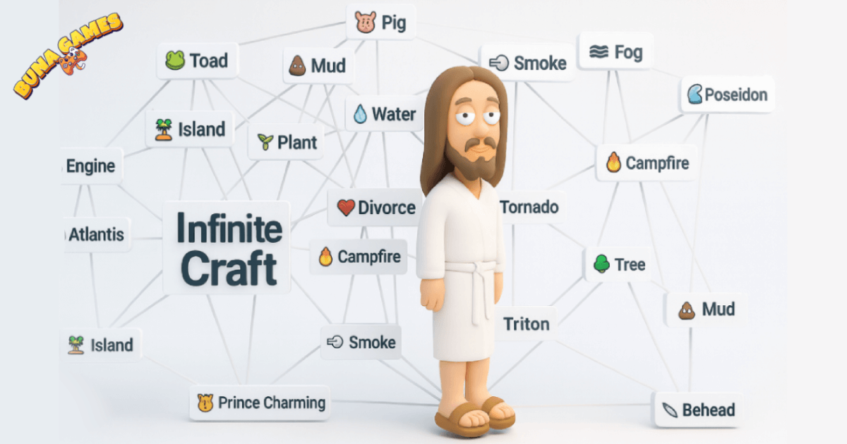 Infinite Craft 3D crafting game with creative combinations, icons, and character in white robe