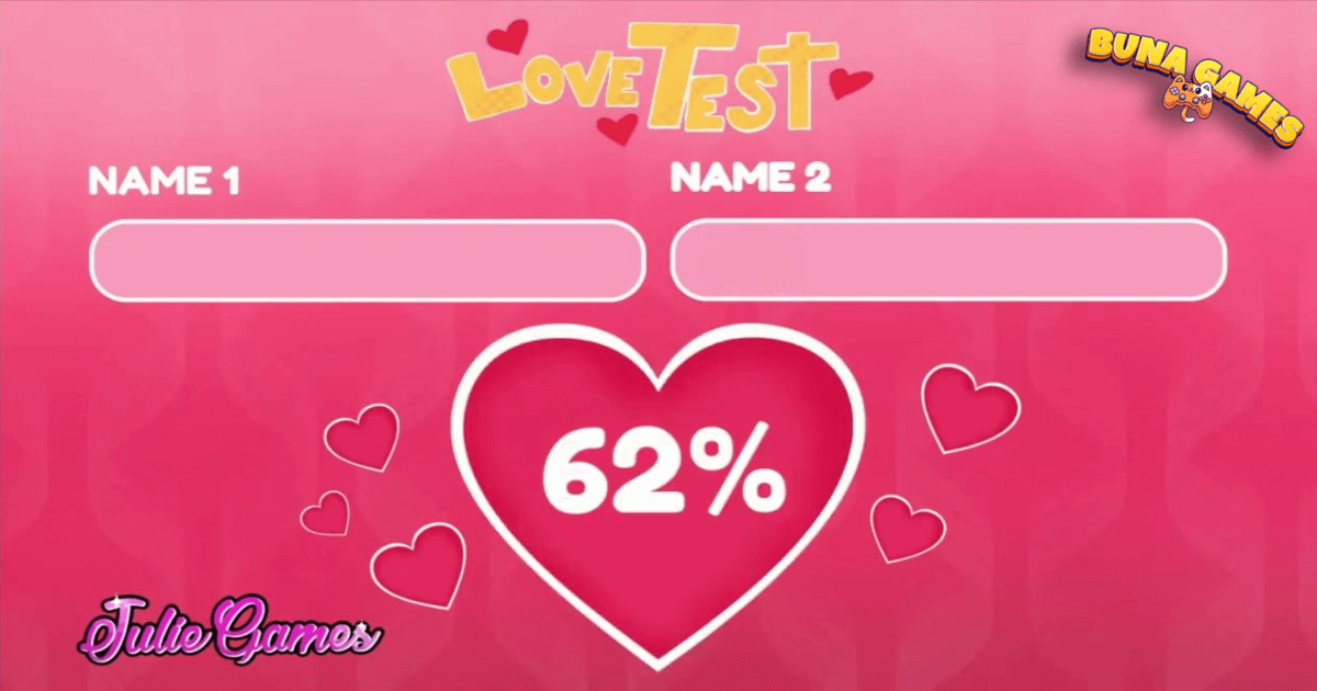 Love Tester unblocked online game interface showing love calculator compatibility percentage on BunaGames