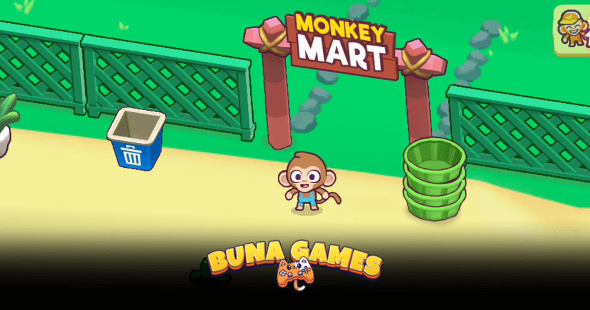 Monkey Mart unblocked idle management game character stocking supermarket shelves on BunaGames