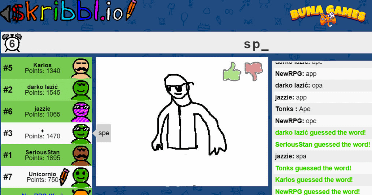 Skribbl.io unblocked: A multiplayer drawing and guessing game interface featuring a creative canvas and real-time chat for social play..