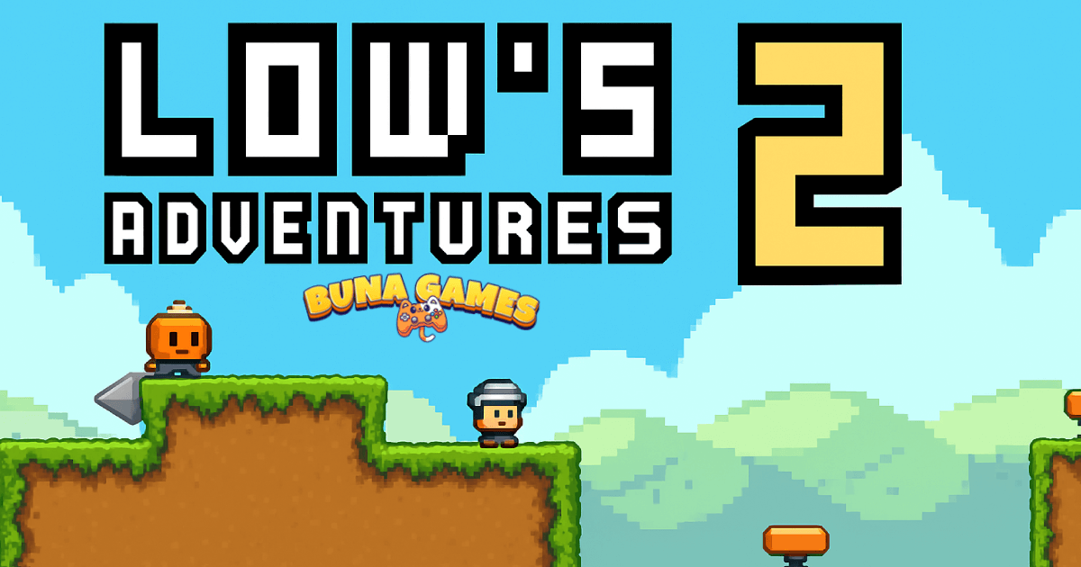lows Adventures 2 retro pixel platform game with hero jumping across grassy platforms and facing enemies