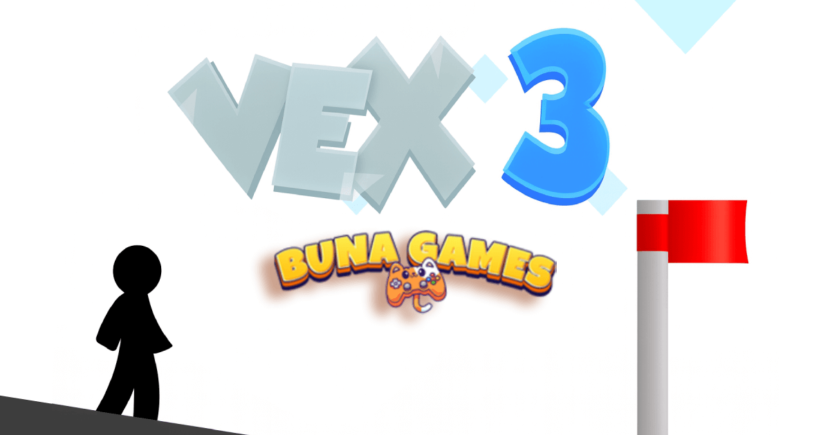 Stickman on slope with red flag and bold 3D VEX 3 game logo.