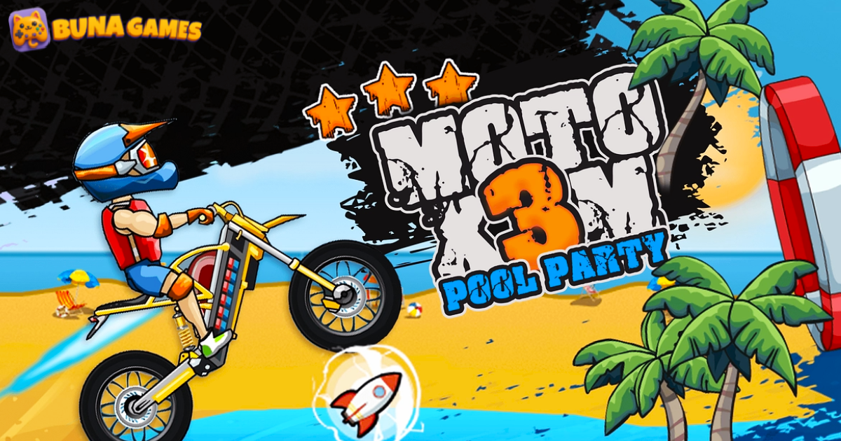 Moto X3M Pool Party motorbike stunt racing game with summer water slides and pool-themed obstacles