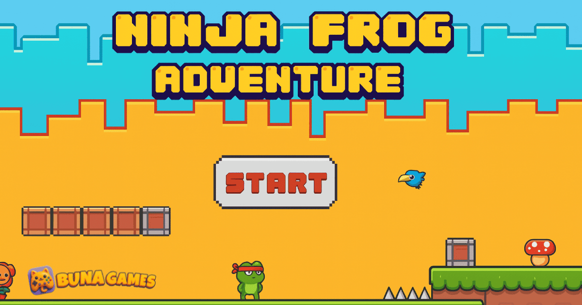Ninja Frog game cover showing the cute ninja frog hero jumping across platforms in a colorful forest level