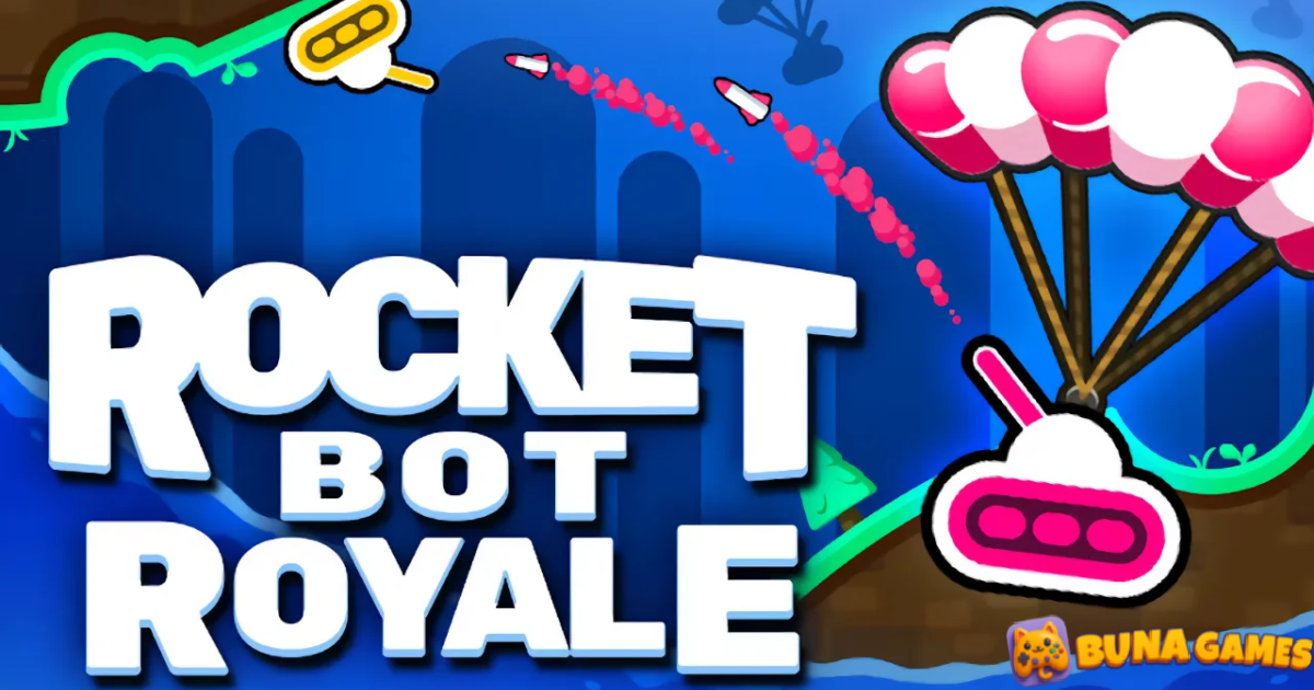 Rocket Bot Royale tank jumping between floating islands with rising water in a colorful battle arena
