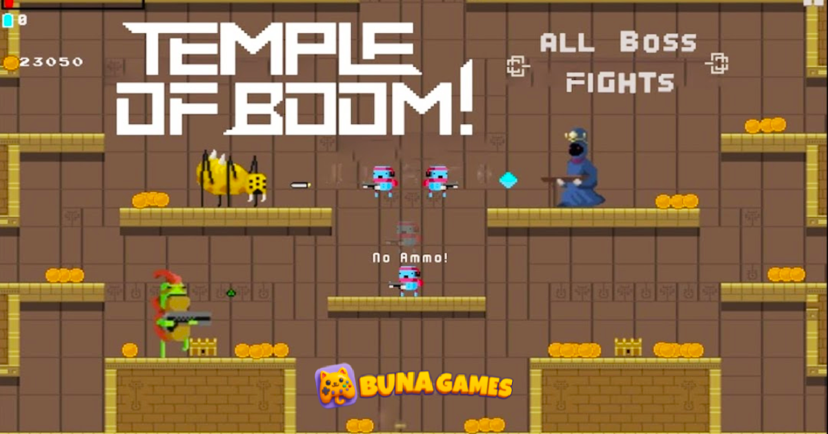 alt="Temple Of BOOM hero character aiming a weapon inside a cartoon-style temple arena full of enemies and treasure crates"