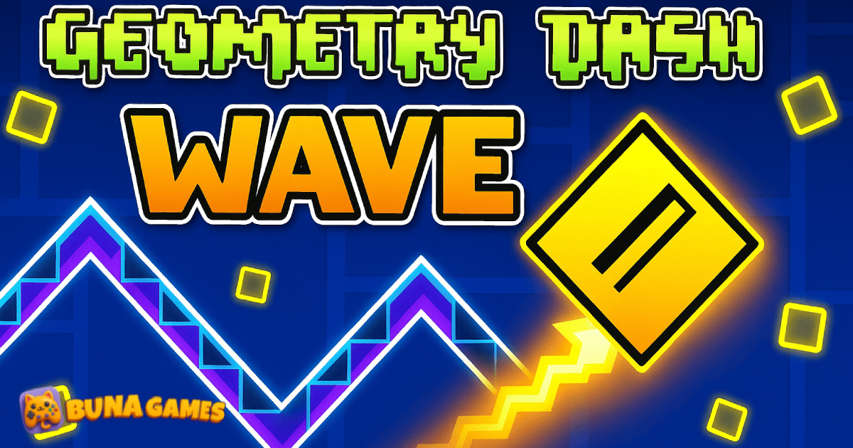 Geometry Dash Wave feature image showing the glowing wave form, neon geometric shapes, and bright title text on a blue background