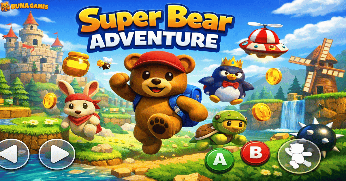 Super Bear Adventure game hero bear running in colorful 3D world with control buttons and title on top